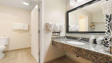 A bathroom with a white toilet, a sink with a granite countertop, and a mirror with a hairdryer.