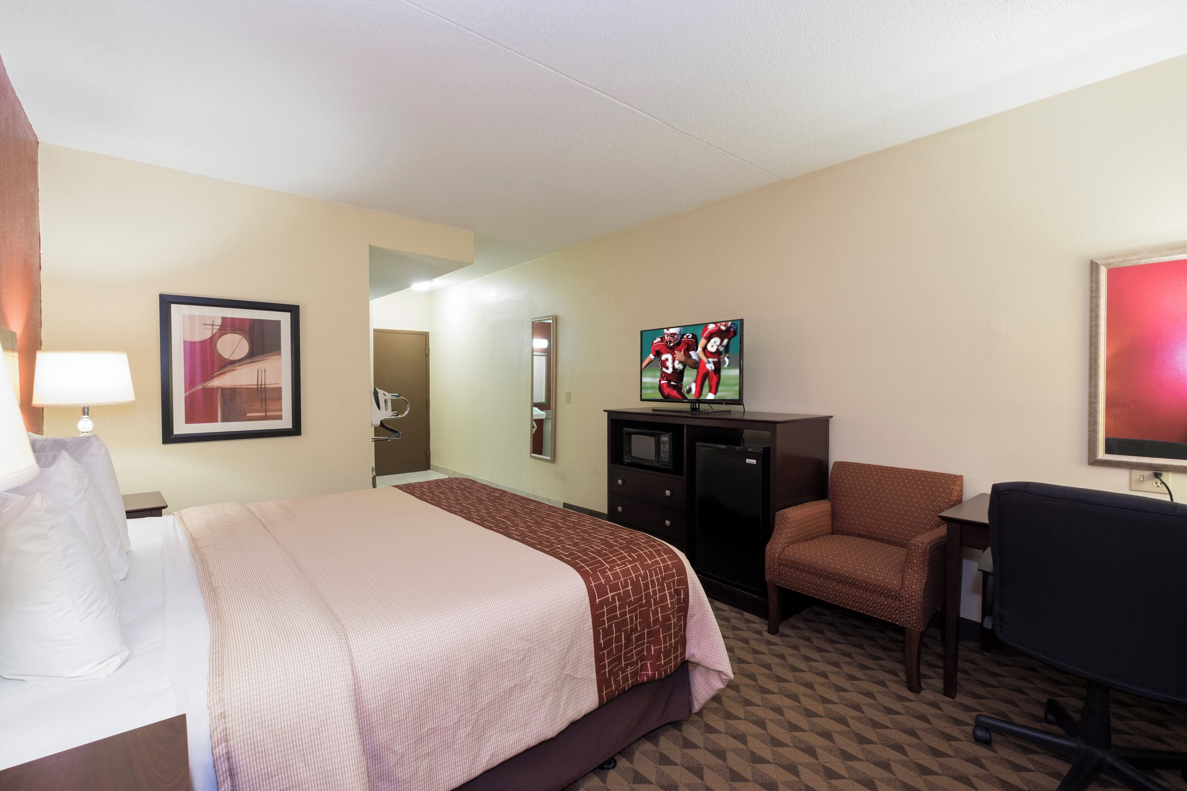 Habitación de hotel con cama, escritorio, silla, televisión y espejo.