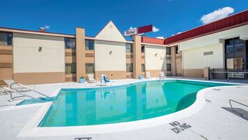 Seasonal outdoor pool, pool umbrellas, pool loungers