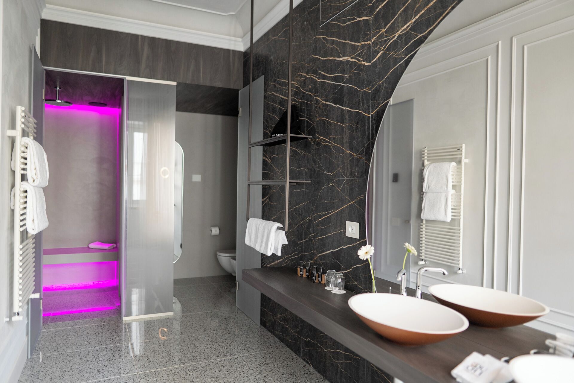 wellness suite | bathroom | shower, free toiletries, hair dryer, bathrobes
