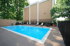Une piscine extérieure, dotée de chaises longues et d’une table, et entourée d’une clôture et d’arbres.