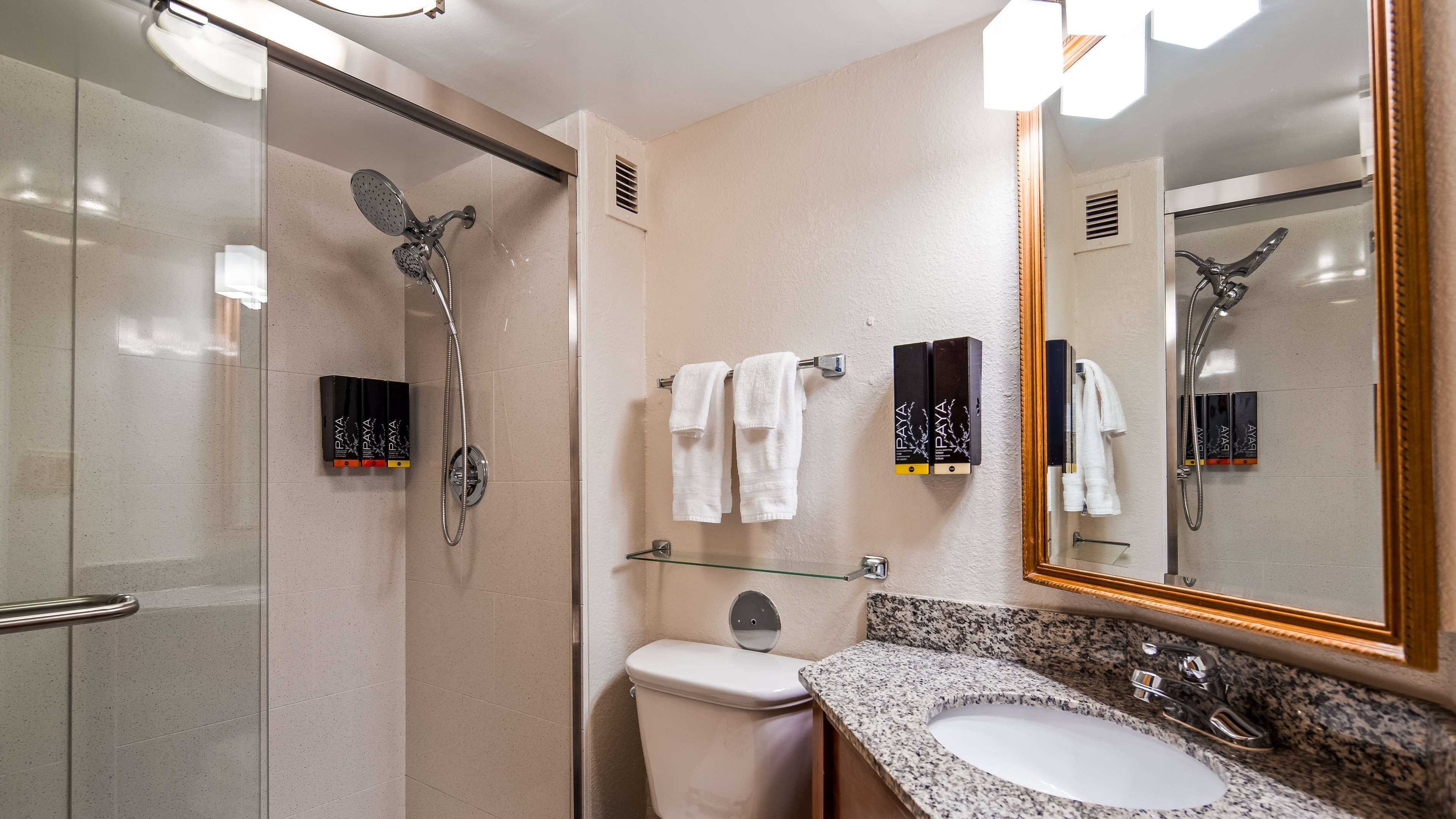 combined shower/bathtub, eco-friendly toiletries, hair dryer, towels