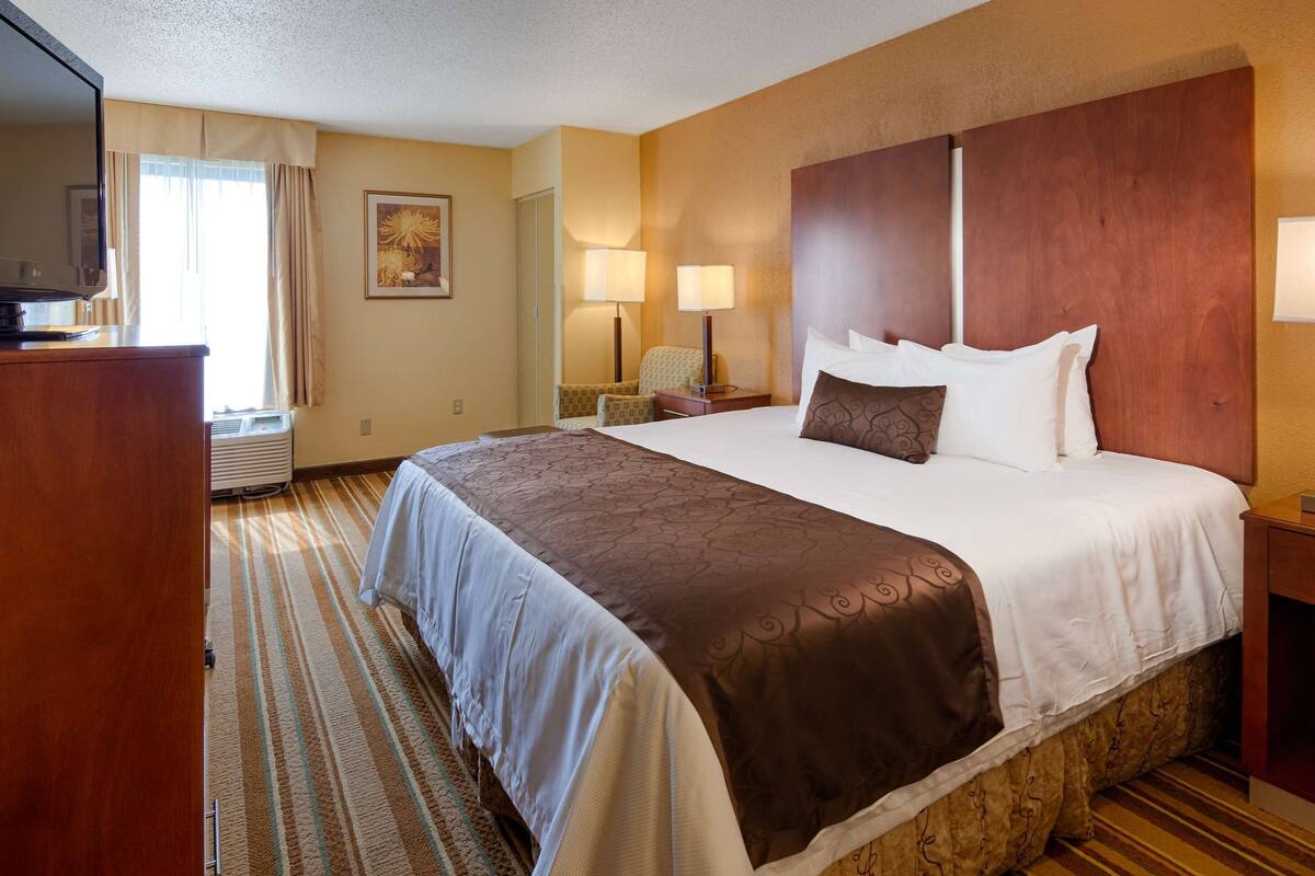 standard room, 1 king bed, non smoking, refrigerator & microwave | desk, laptop workspace, blackout curtains, iron/ironing board