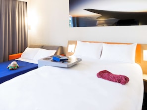 Premium bedding, pillowtop beds, desk, laptop workspace