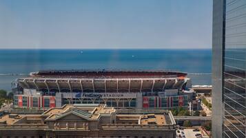 Un stade offrant une vue dégagée sur la mer en arrière-plan.