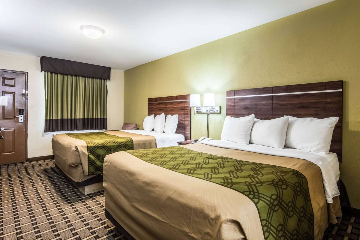Quarto de hotel com duas camas, uma janela com cortinas, uma porta e um tapete estampado.