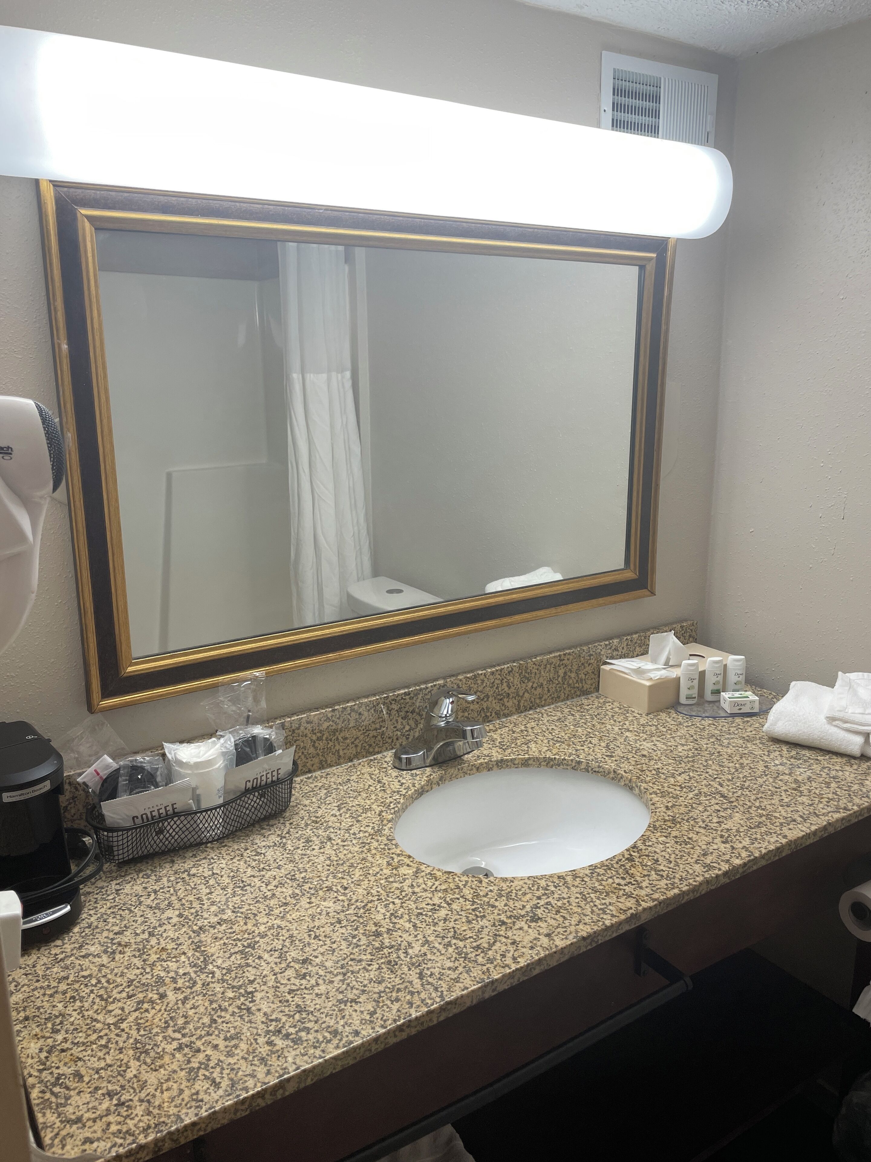 A bathroom with a large mirror, a sink, a coffee maker, and toiletries on the counter.
