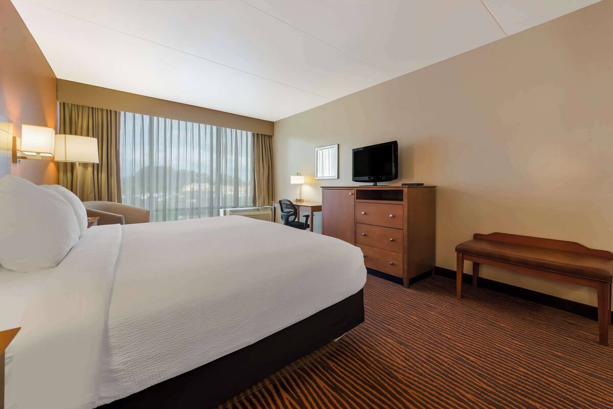 A hotel room with a large bed, a desk with a chair, a television on a wooden cabinet, and a bench.