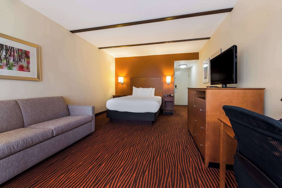 A hotel room with a bed, a sofa, a TV, and a desk.