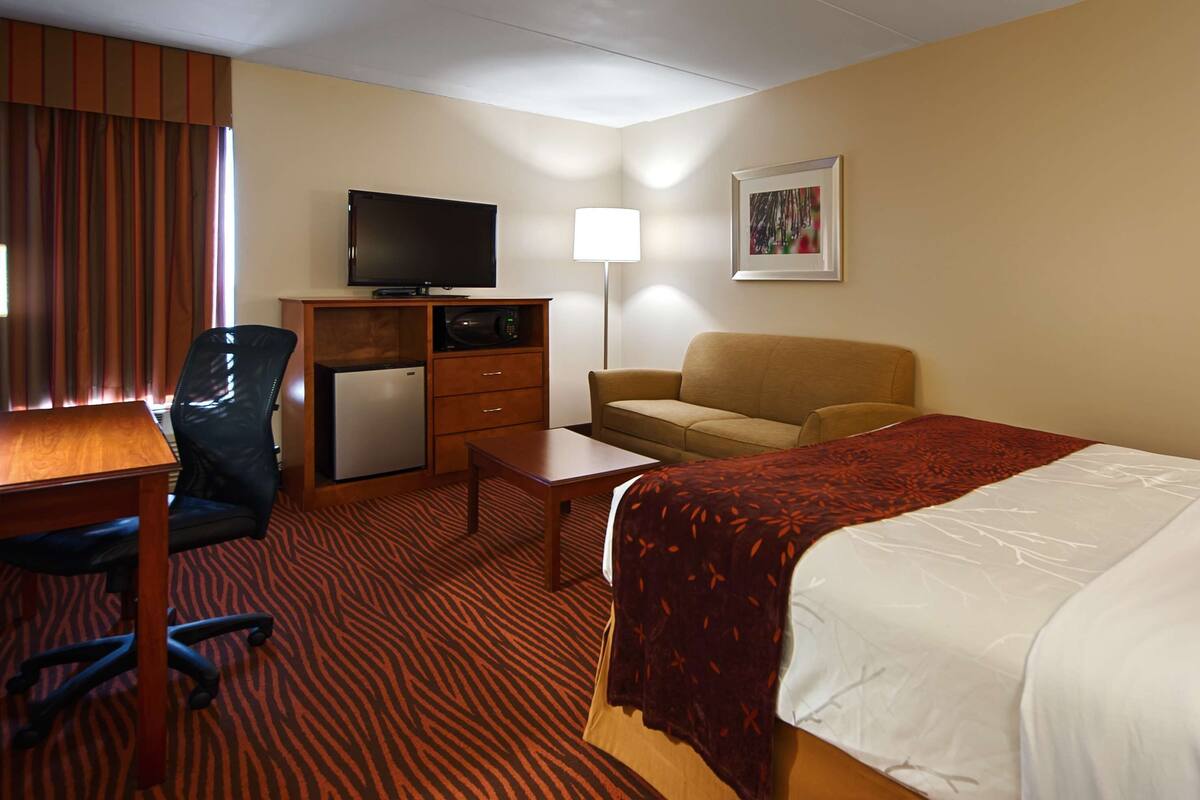A hotel room with a bed, a desk, a chair, a television, a microwave, and a refrigerator.