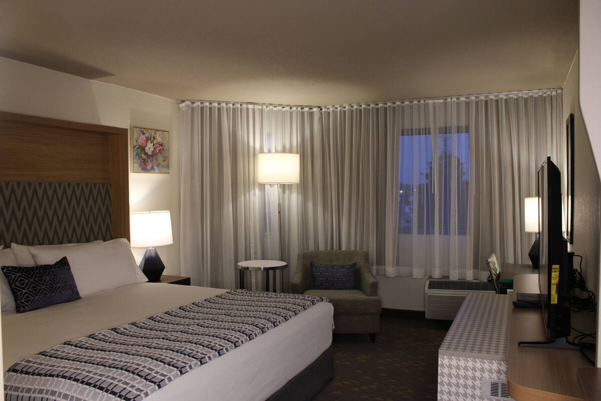 A hotel room with a bed, a desk, a chair, a TV, and a window with curtains.