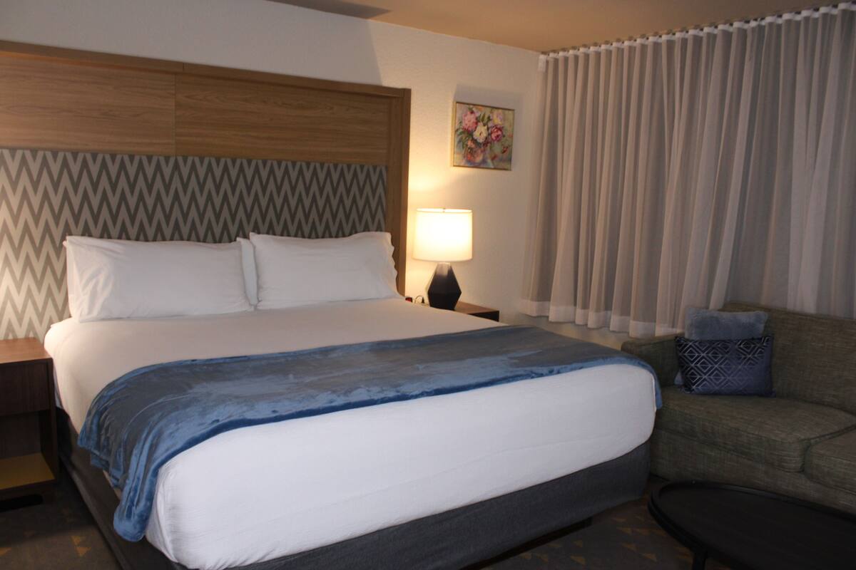 A hotel room with a large bed, a nightstand, a lamp, a couch, and a window with curtains.