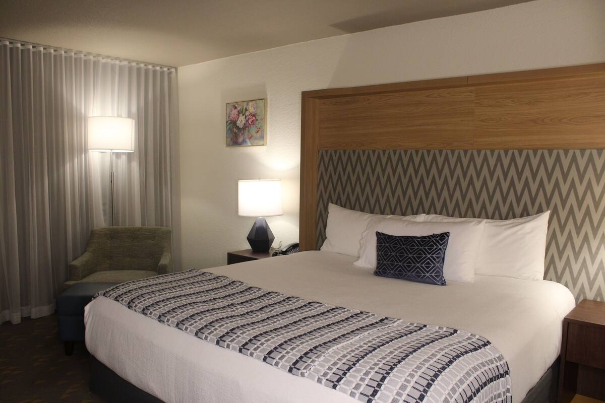 A hotel room with a large bed, a chair, a nightstand with a lamp, and a wall-mounted painting.