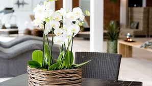 Ein Korbwägelchen mit weißen Orchideen auf einem Tisch in einem modernen Innenraum.