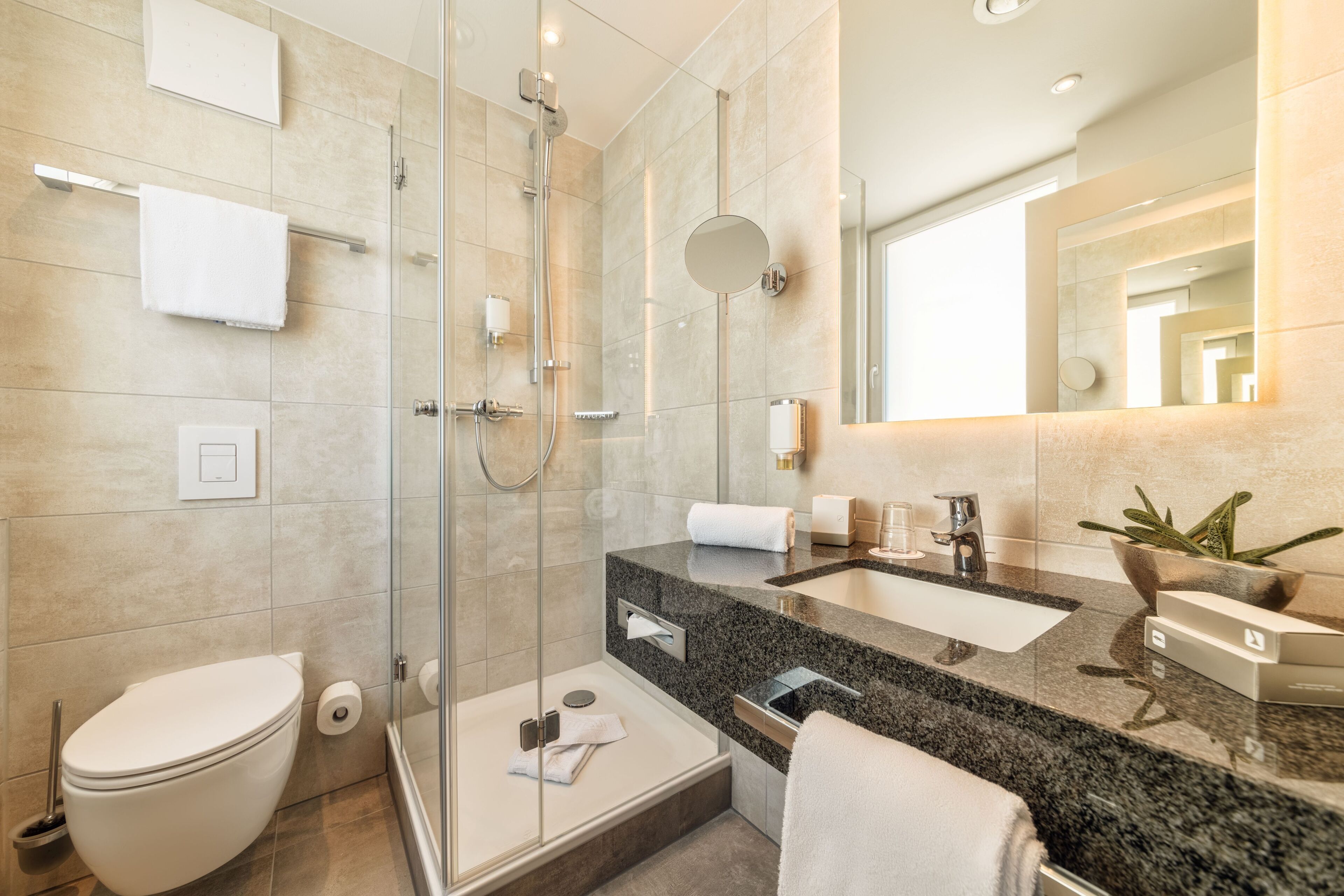 Ein modernes Badezimmer mit einer gläsernen Duschkabine, einer Toilette, einem Waschbecken mit Granitplatte und einem Spiegel.