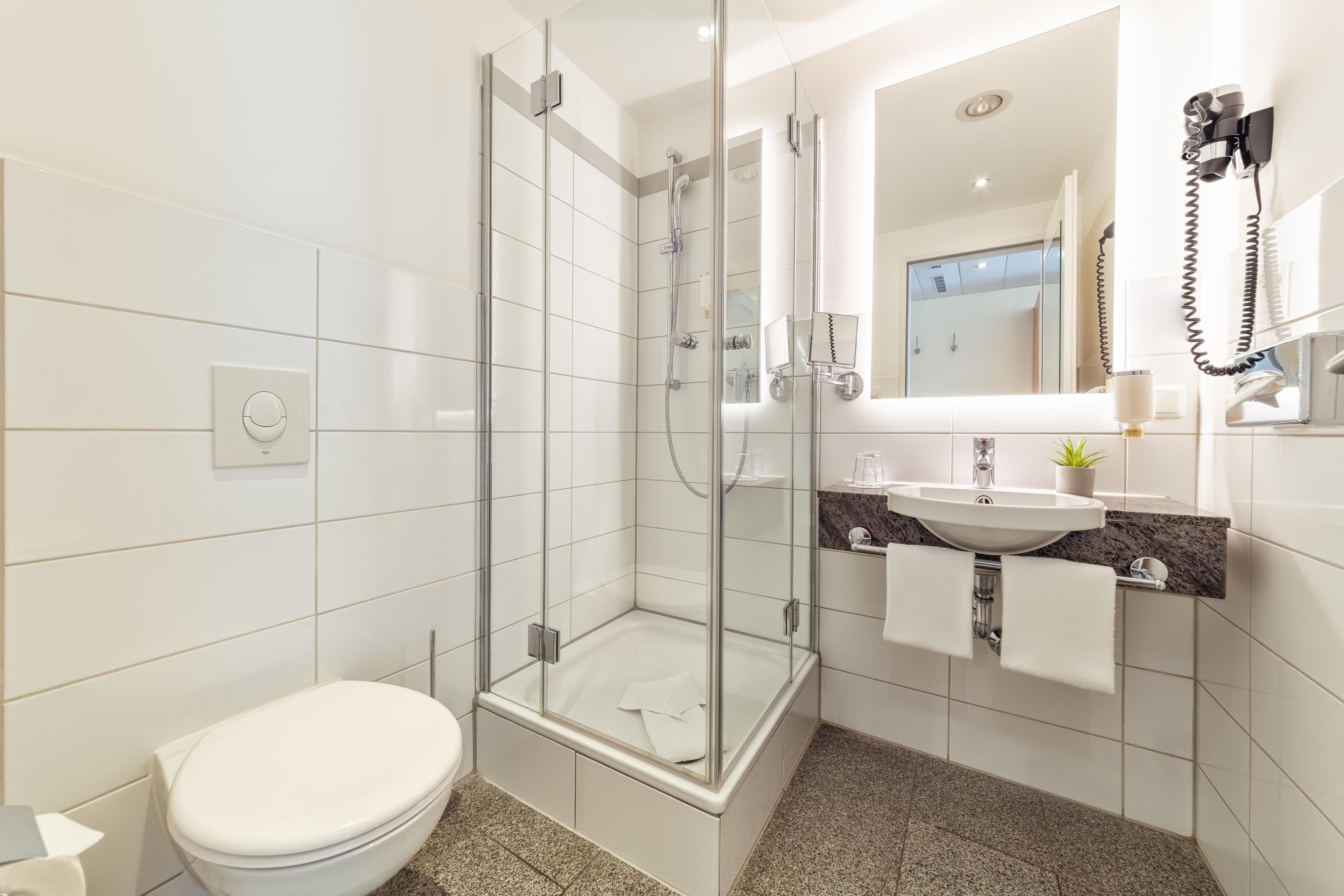 shower, free toiletries, hair dryer, towels