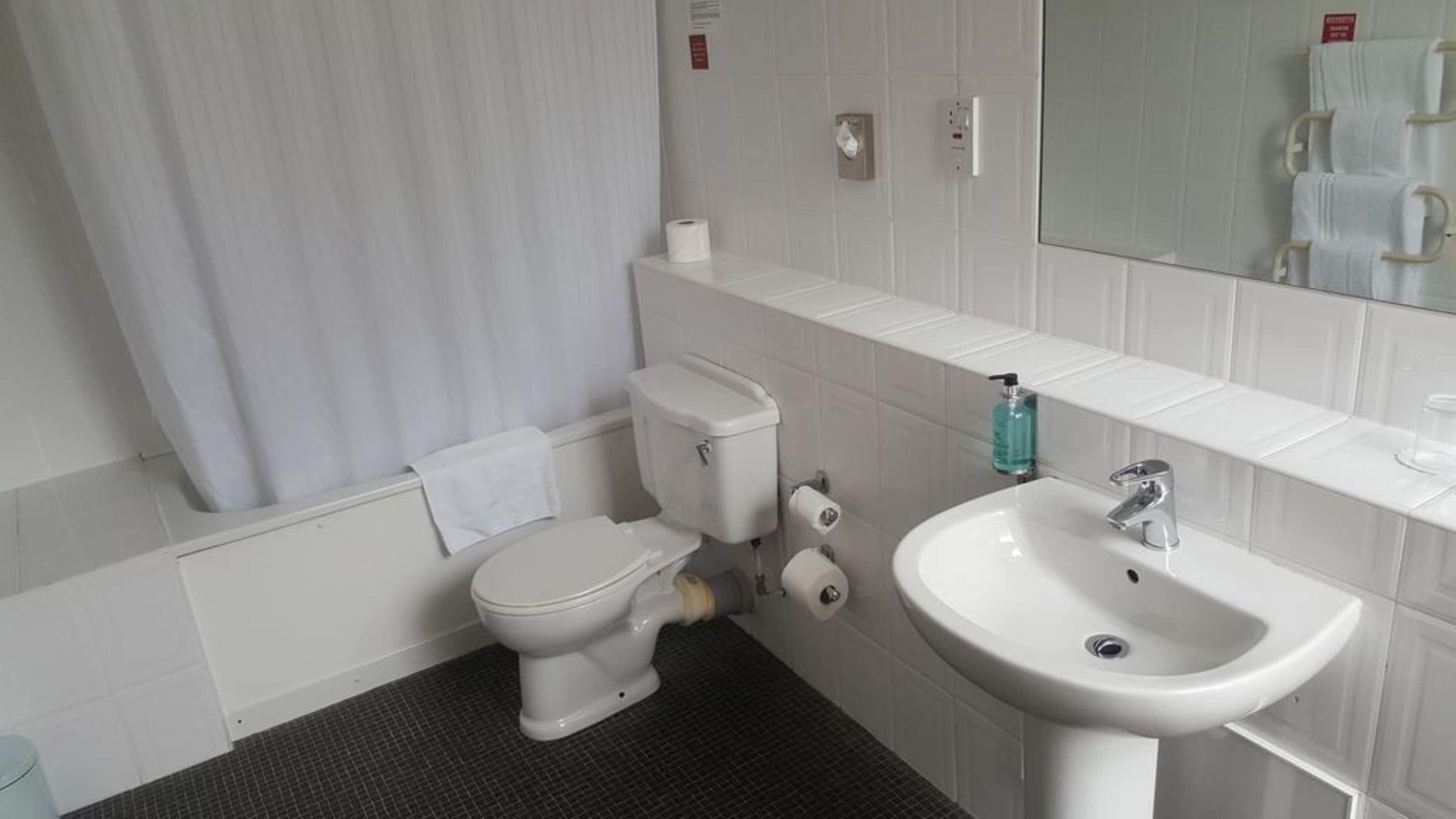 A bathroom with a toilet, sink, and mirror.