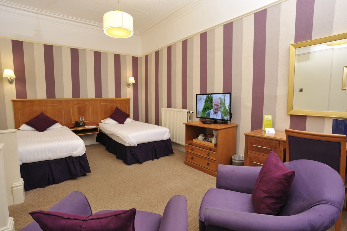 Habitación de hotel con dos camas, televisión, cómoda de madera, una silla y un espejo grande.