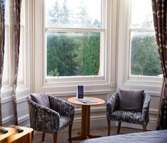 Habitación de esquina con dos sillones estampados, una mesita redonda y vistas a un bosque a través de amplios ventanales.