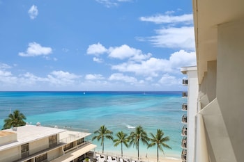 Hotel room view looking out at OUTRIGGER Reef Waikiki Beach Resort