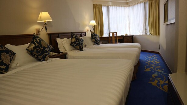 Een hotelkamer met twee bedden, elk met hoofdeind, nachtlampjes en decoratieve kussens.
