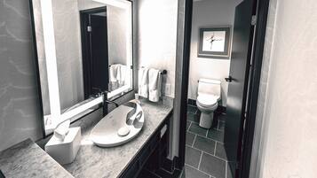 Un bagno moderno con uno specchio grande, un lavabo con un porta sapone e un water.