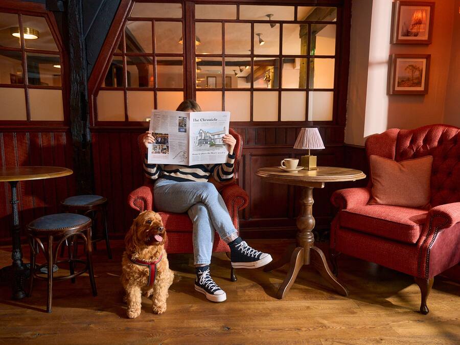 Una habitación acogedora con una persona leyendo el periódico, un perro y un sillón rojo.