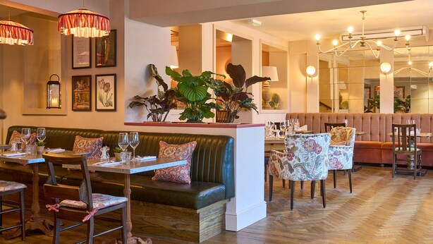 A restaurant with wooden flooring, leather seating, floral chairs, and a central plant display. - The White Horse - A Heartwood Inn (Dorking)