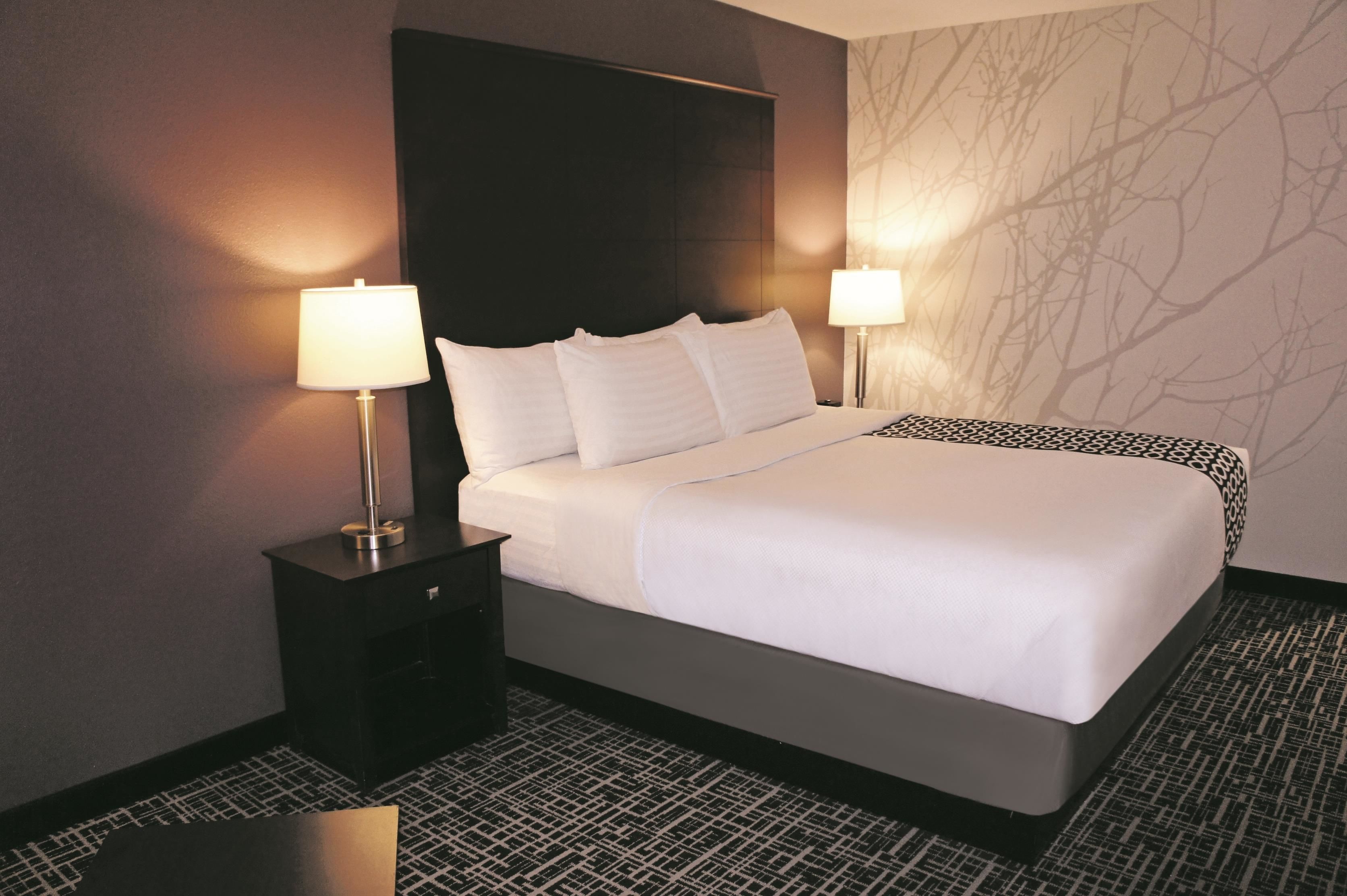 A hotel room with a large bed, two bedside tables with lamps, a dark headboard, and a patterned wall.