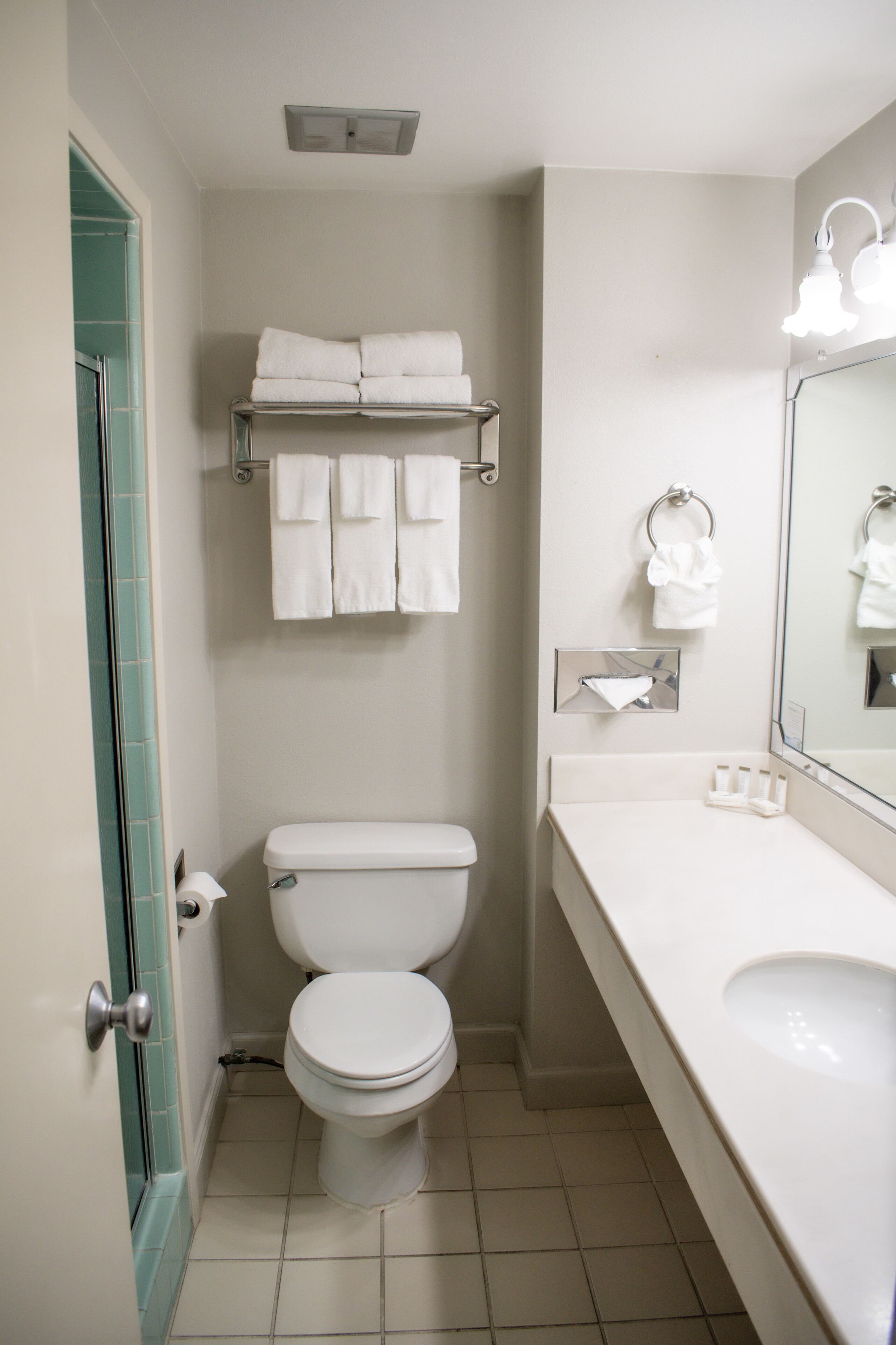 A bathroom with a toilet, sink, and towel rack.