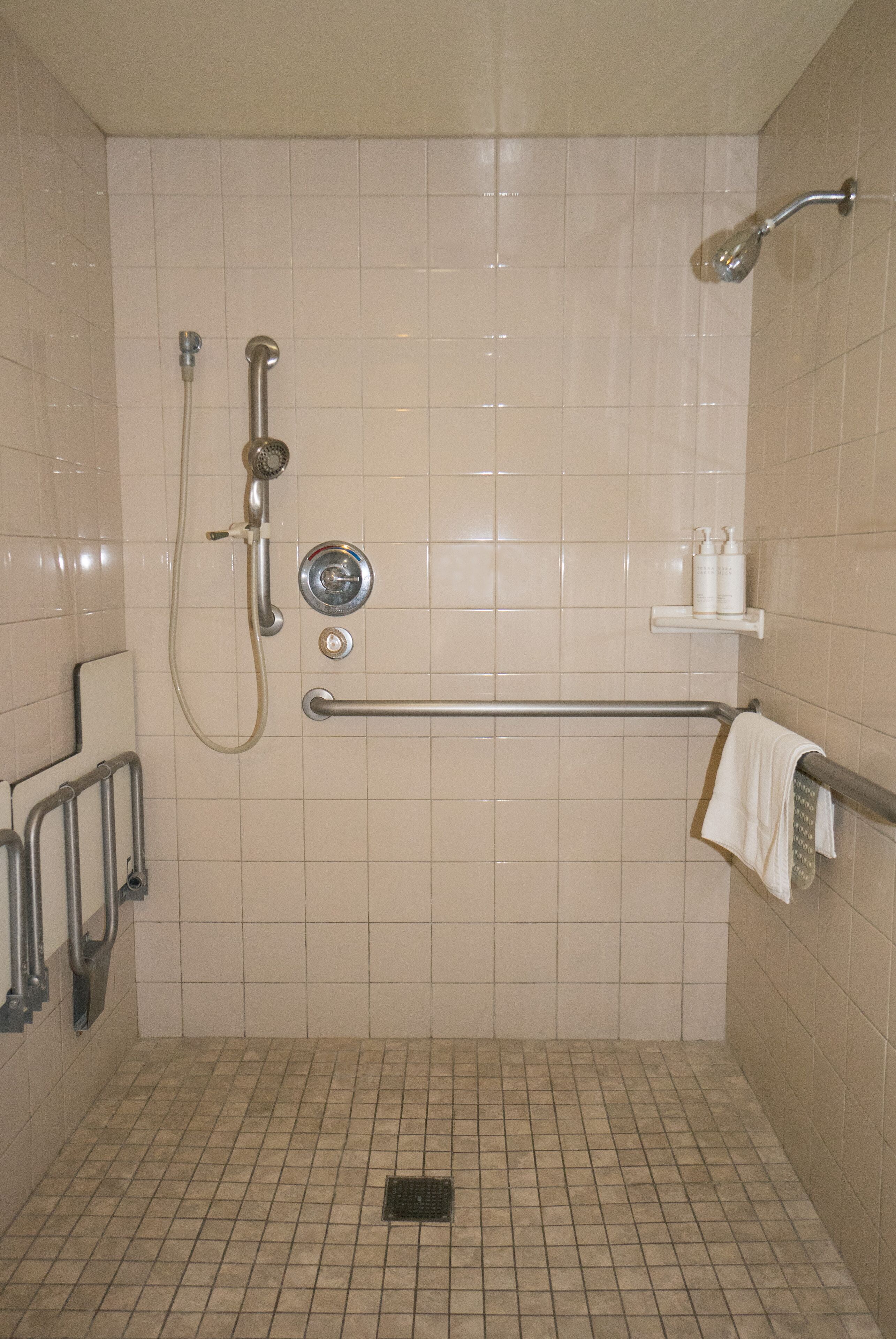 A small, tiled shower area with a handheld showerhead, a wall-mounted faucet, and a grab bar.