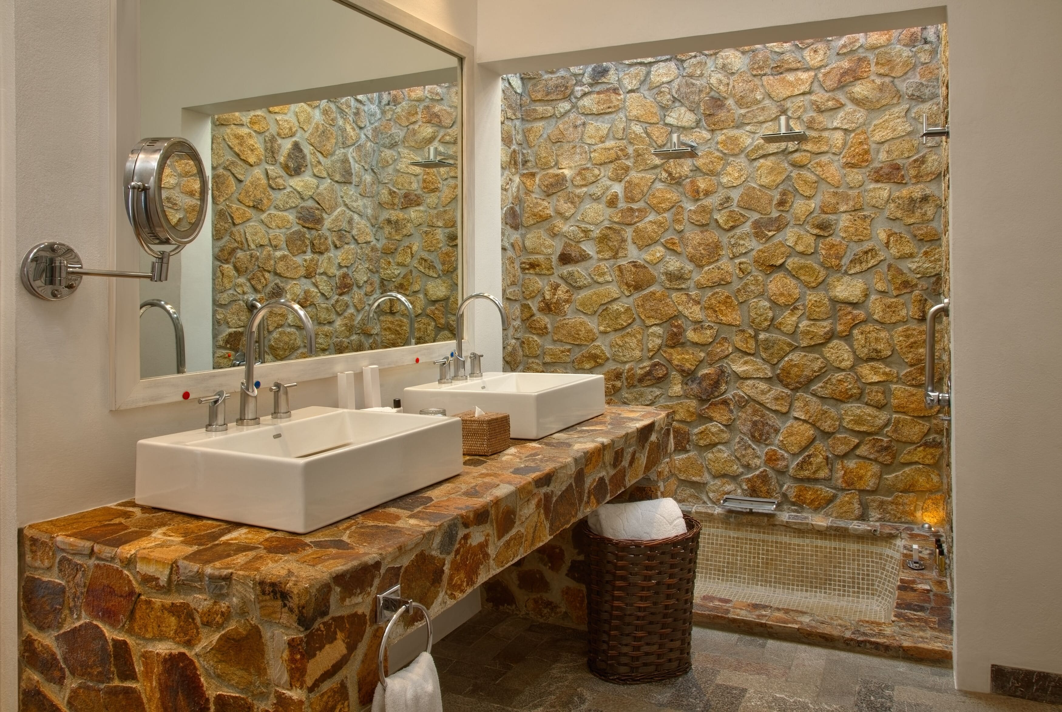 master suite with jacuzzi and pool | bathroom | shower, hair dryer, towels