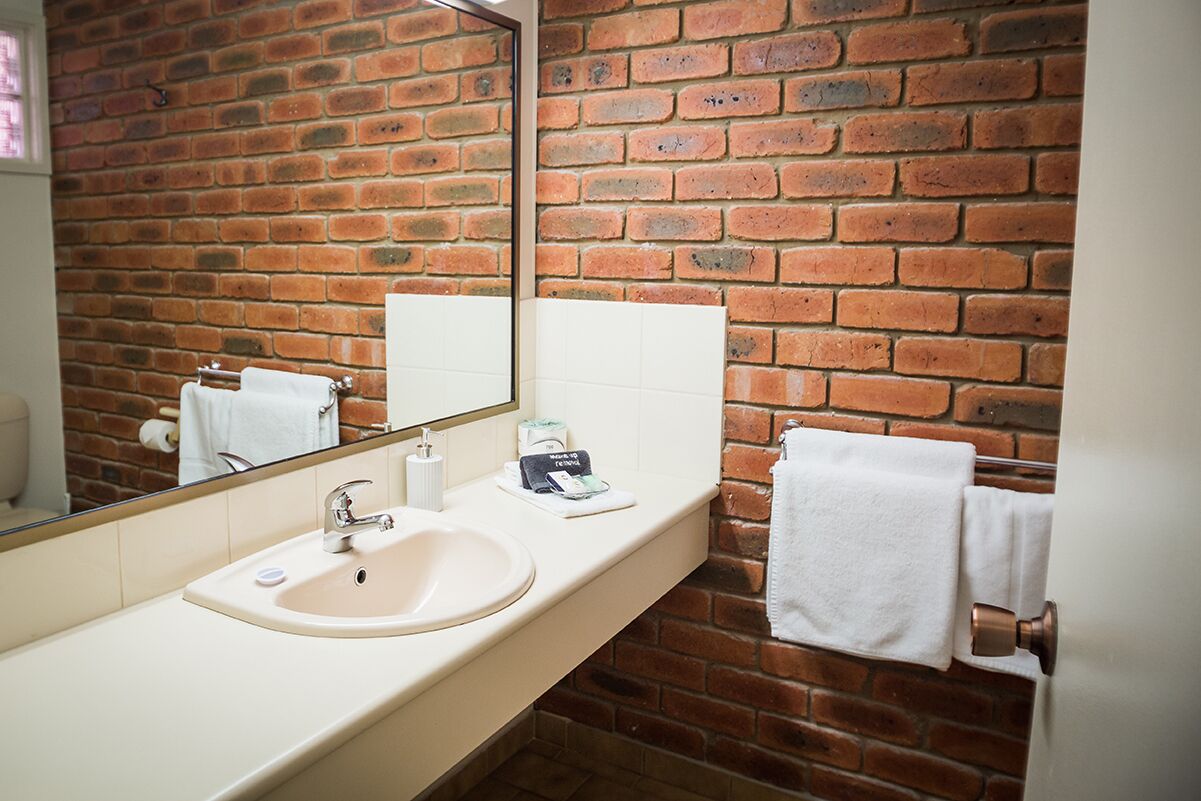 Een badkamer met een bakstenen muur, een wastafel, een spiegel en een handdoekhouder.