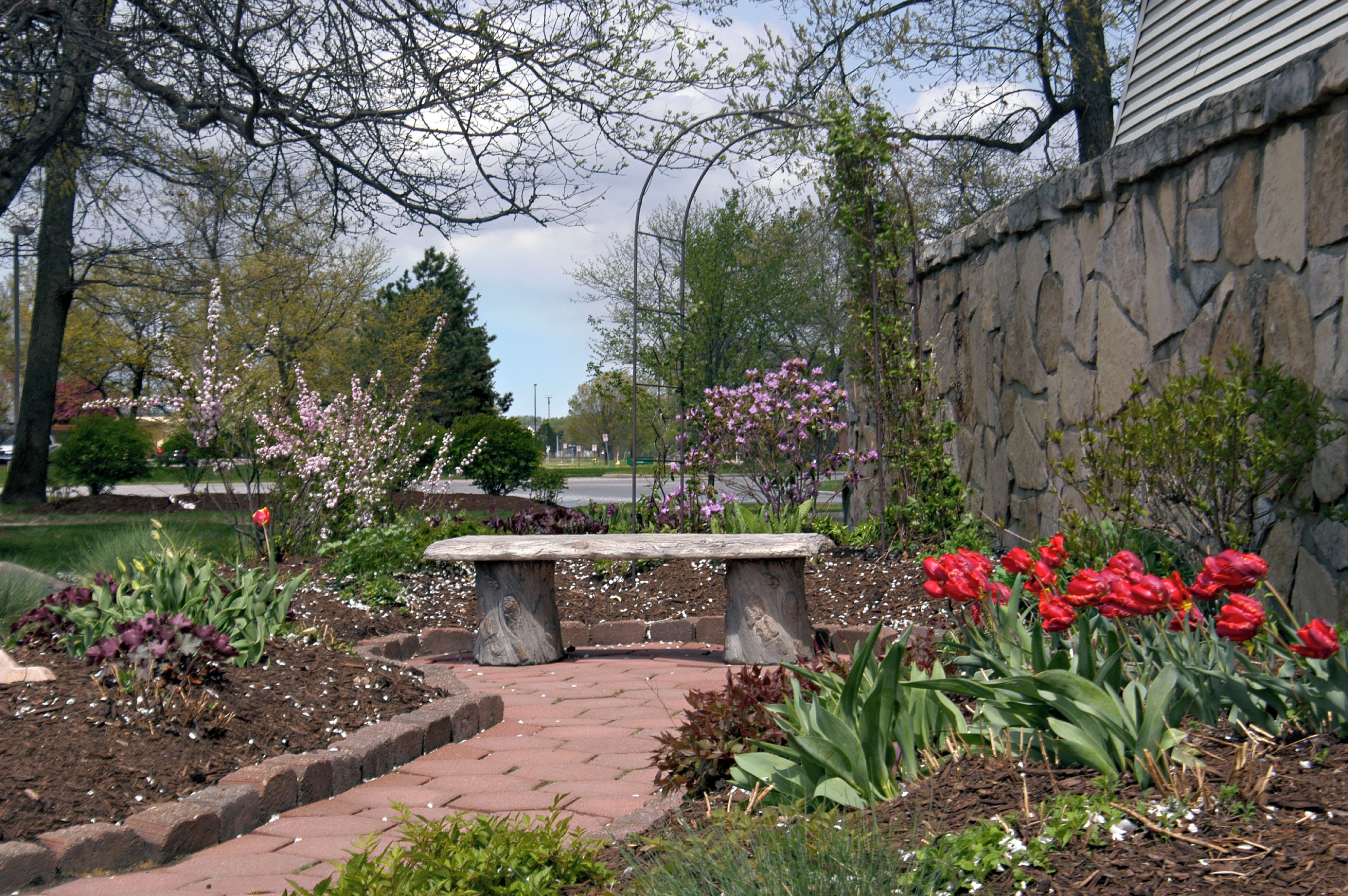A garden with a stone bench, flowering plants, and a stone wall.