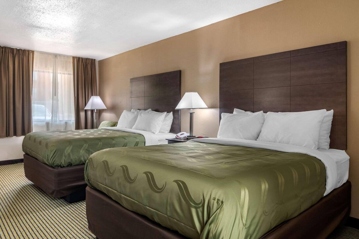 A hotel room with two beds, each with a green bedspread and white pillows. There are two bedside lamps and a small table with a phone and a book. The room has a striped carpet and a window with curtains.