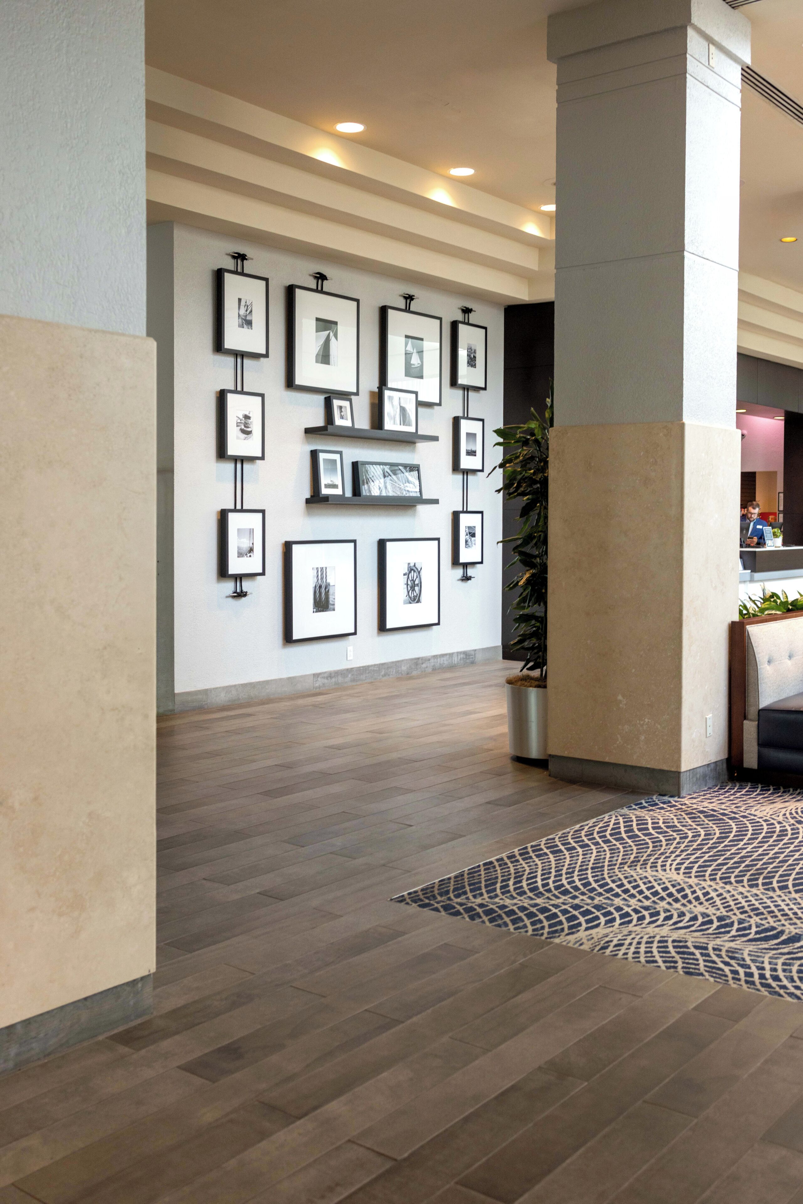 A lobby with framed artwork on the wall, a potted plant, and a patterned rug on the floor.