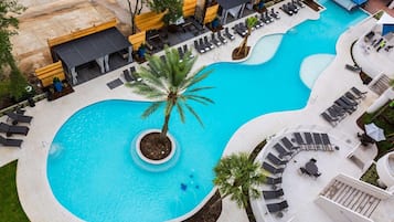 Relax by the curved pool surrounded by lounge chairs and a palm tree planter.