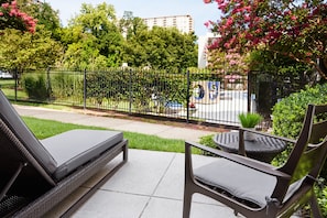 Room, 2 Queen Beds, Patio, Pool View | Premium bedding, in-room safe, desk, laptop workspace