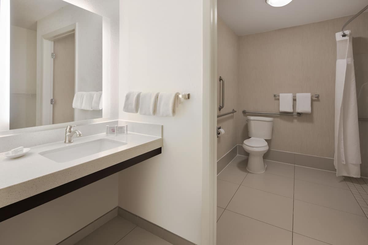 A modern bathroom with a sink, mirror, toilet, and shower.