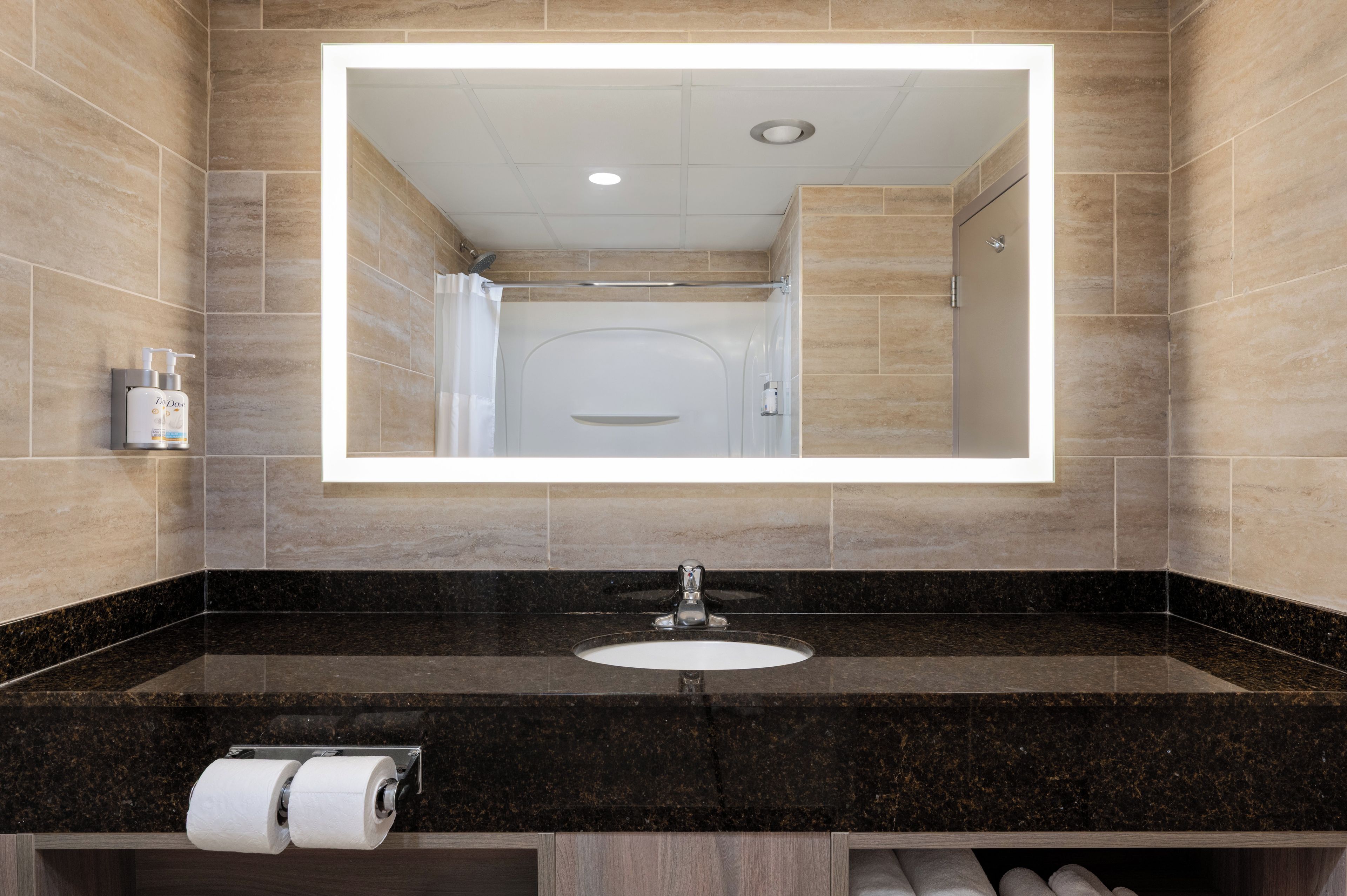 Un baño con un espejo grande, un lavabo y un dispensador de papel higiénico.