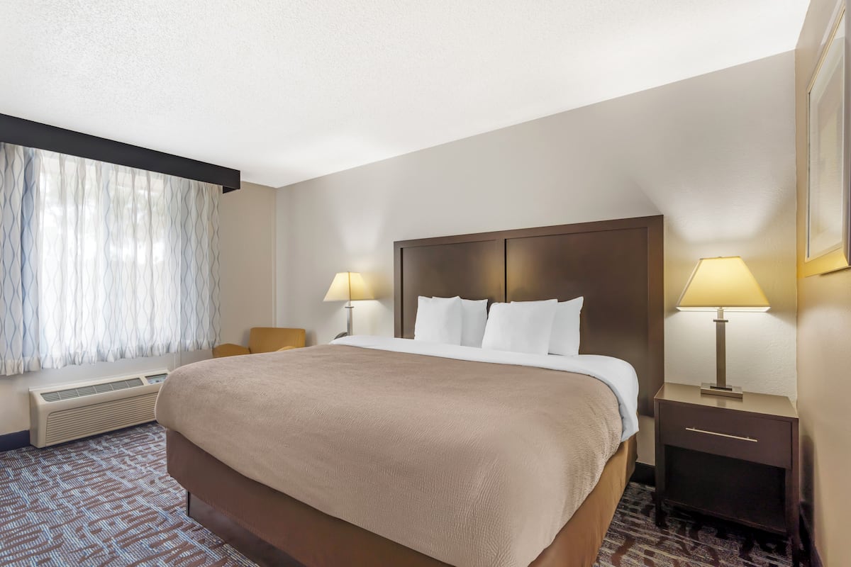 Una habitación de hotel con una cama grande, dos mesitas de noche con lámparas, una ventana con cortinas y un radiador.