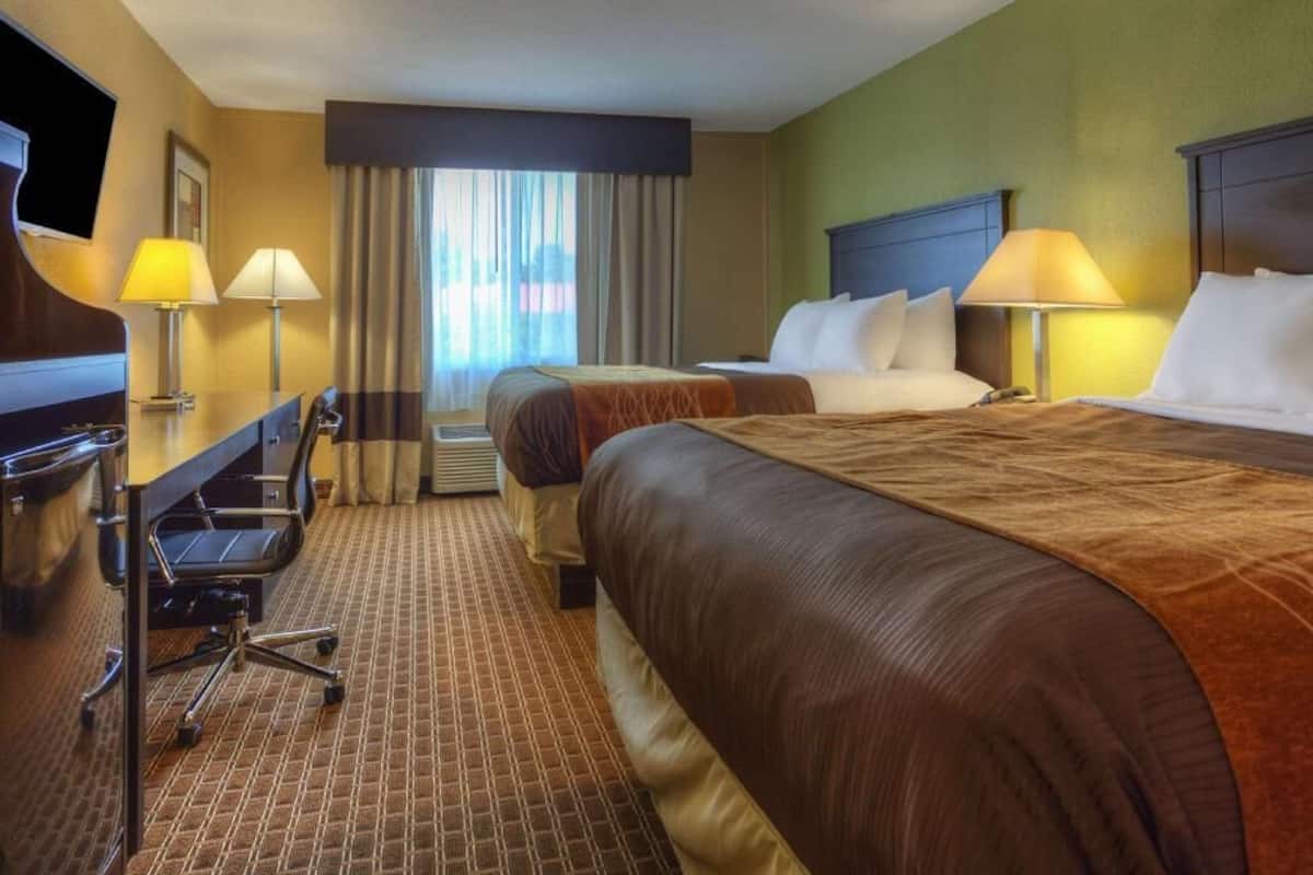 Habitación de hotel con cama, escritorio, silla, televisión y lámparas.
