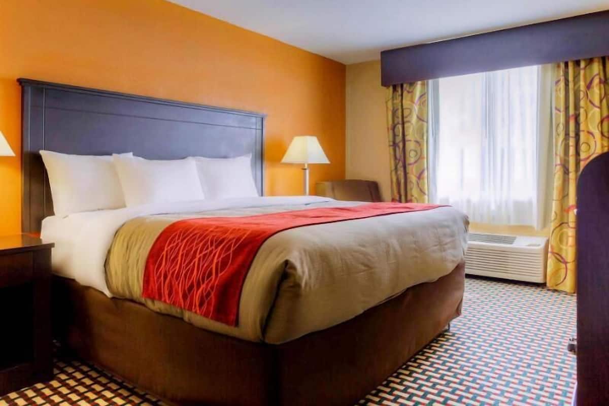 Habitación de hotel con cama, mesitas de noche, lámpara, silla y ventana con cortinas.