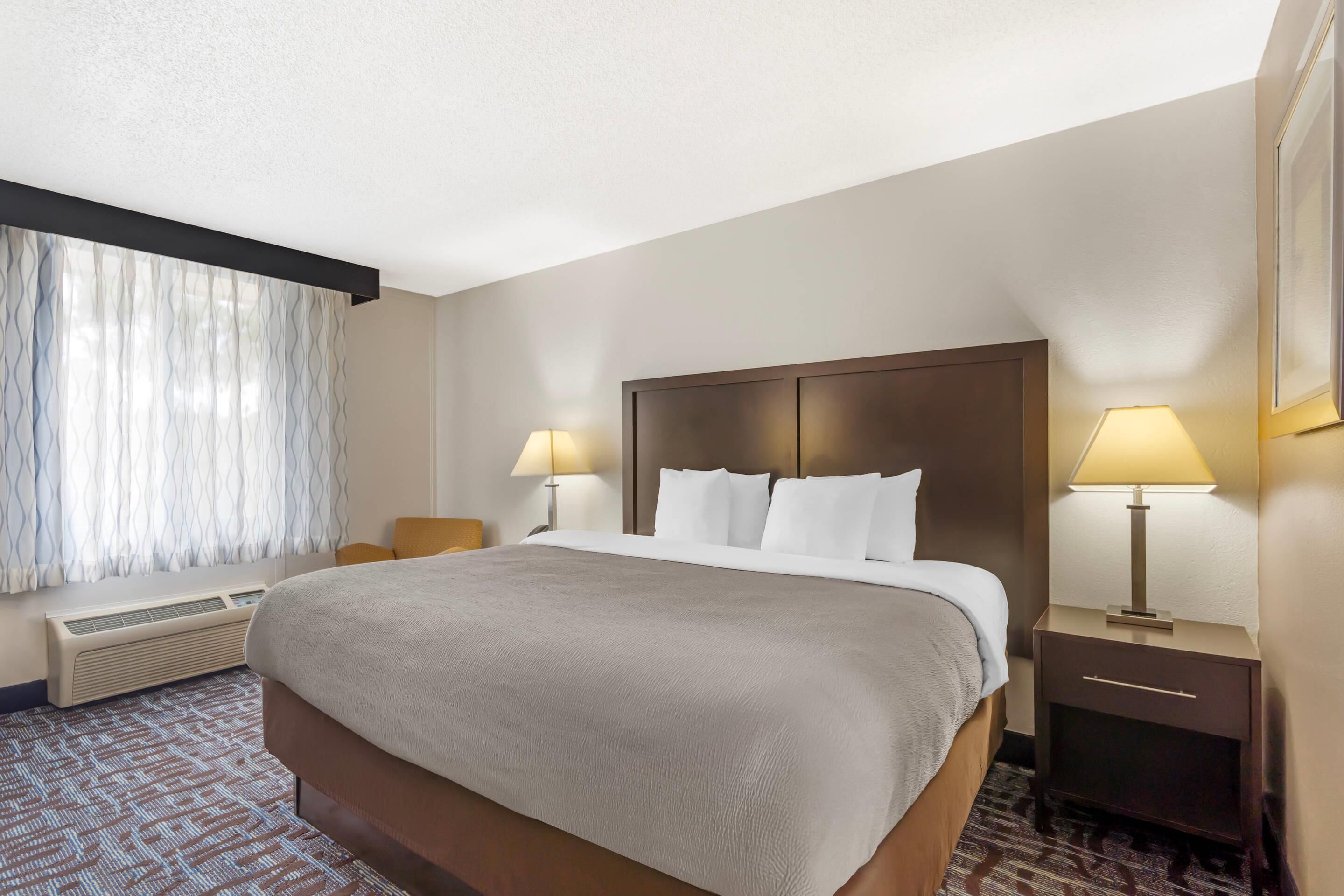 Une chambre d’hôtel avec un grand lit, deux tables de chevet avec des lampes, un radiateur et une fenêtre avec des rideaux.