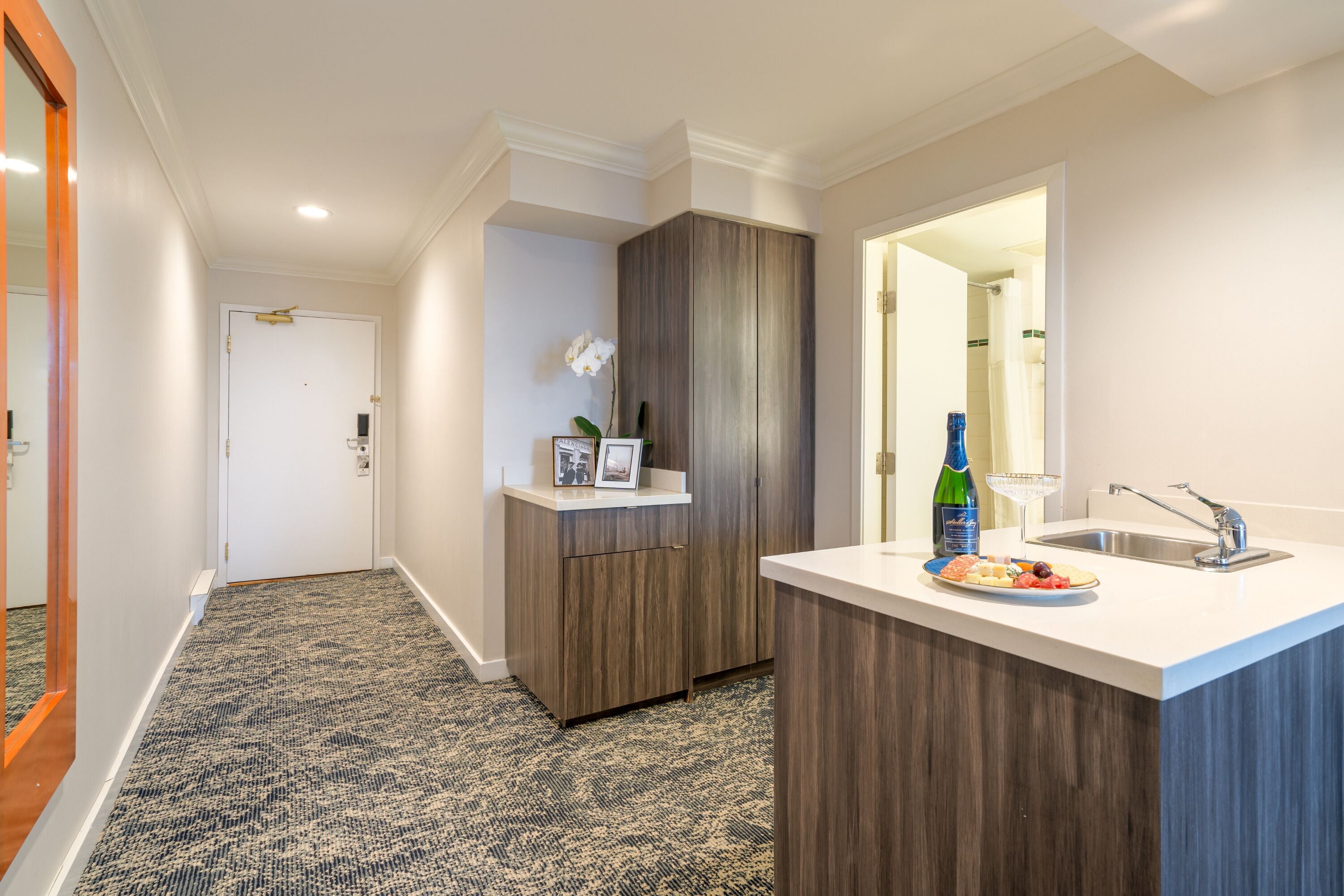 flat-screen tv, ipod dock, pay films