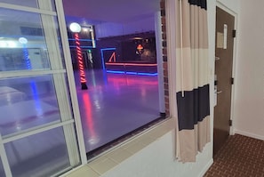 Desk, laptop workspace, blackout curtains, soundproofing
