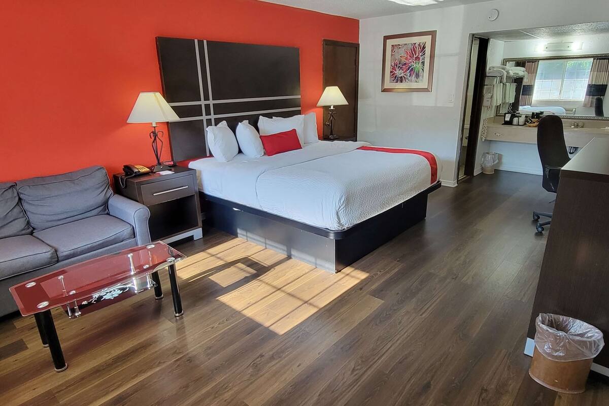 A hotel room with a bed, a sofa, a desk, and a trash bin.