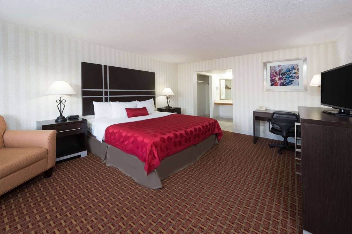 A hotel room with a bed, a desk, a chair, a TV, and a painting on the wall.