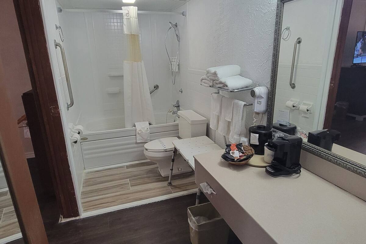 A bathroom with a shower, toilet, and a sink with a mirror. There is a TV in the background.