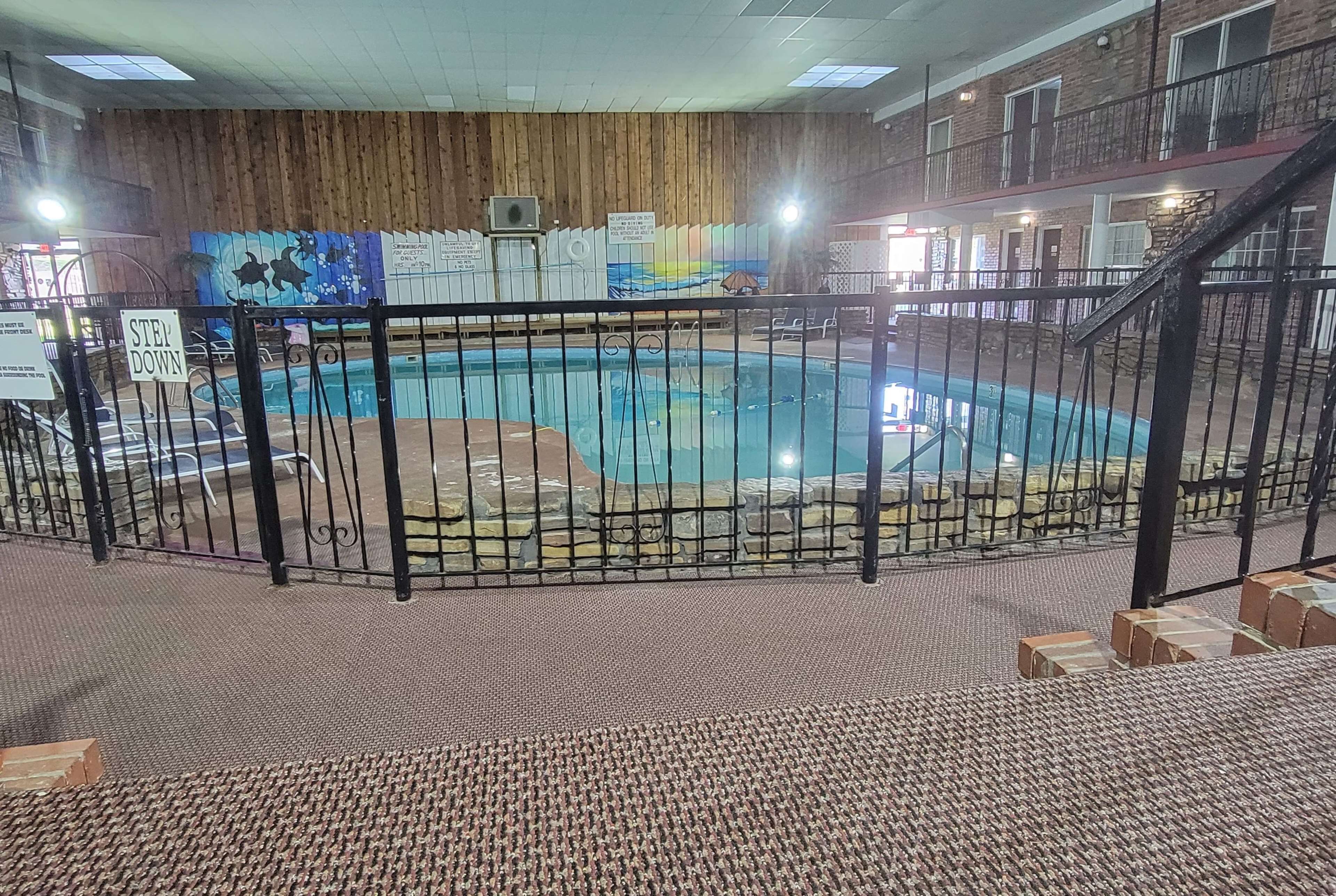Piscina interior com cerca de metal preto, rodeada por um chão coberto de carpete e uma parede de madeira com um mural.